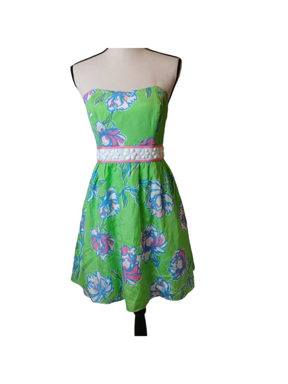 Lilly Pulitzer Strapless Green Floral Dress Sz 4 Embellished Silk Blend #I-2